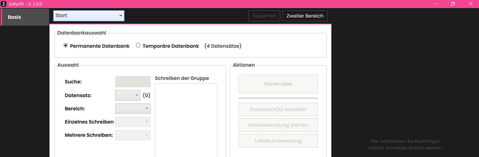 Programmansicht von AdminAlly: Datenbankauswahl, Auswahl der Schreiben und Aktionen